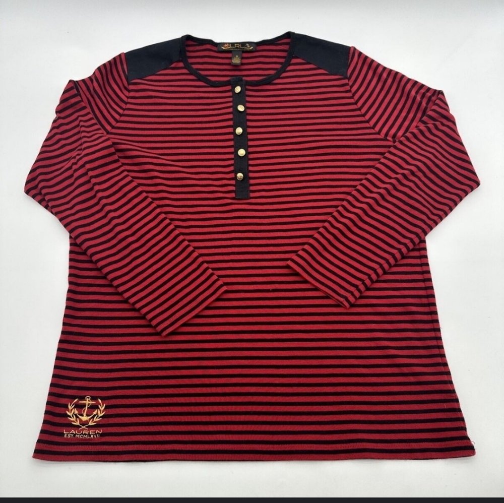 Blck LabelLauren Ralph Lauren Striped Long Sleeve Swetr1X Top Gold Buttons Crest